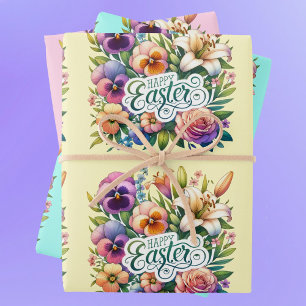 Happy Easter Spring Flowers 3 Pastel Versions Wrapping Paper Sheet