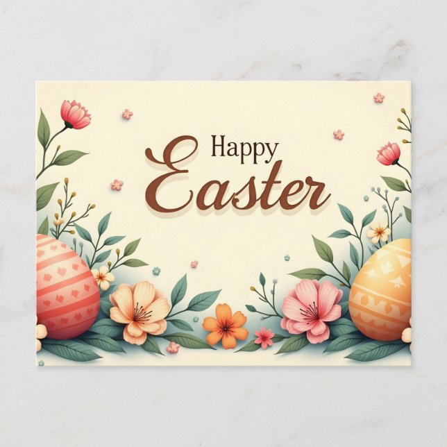 Happy Easter Spring Flowers and Easter Eggs  Holiday Postcard (Front)