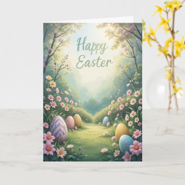 Happy Easter Spring Flowers and Eggs Greeting  Card (Yellow Flower)