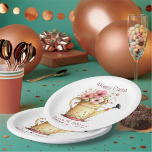Happy Easter Spring Pink and Yellow Flowers Paper Plate