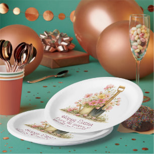 Happy Easter Spring Pink and Yellow Flowers Spade Paper Plate