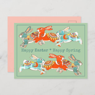 Happy Easter Spring Rabbit Pink Mint Tribal Unique Holiday Postcard