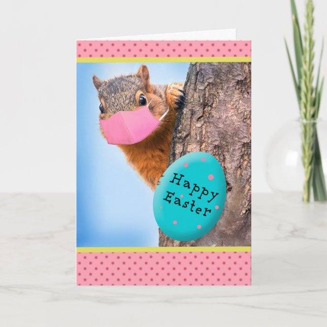 Happy Easter Squirrel in Pandemic Face Mask Humour Holiday Card (Front)