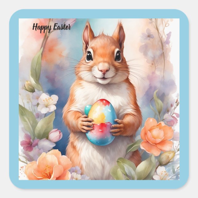 Happy Easter Squirrel Square Sticker (Front)