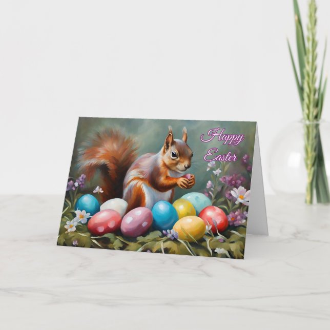 Happy Easter Squirrel with Easter Eggs, Flowers  Holiday Card (Front)