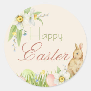 Happy Easter Sweet Bunny Watercolor Floral Classic Round Sticker