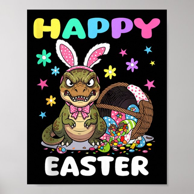 Happy easter t rex dinosaur candy bow easter bunny poster (Front)