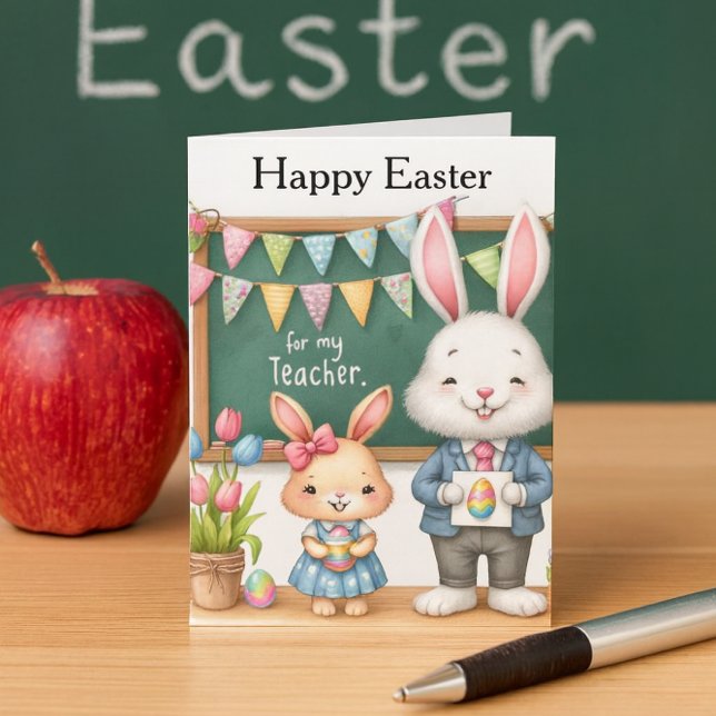 Happy Easter Teacher From Kids  Holiday Card (Sweet Easter card for teacher with bunnies, chalkboard, tulips, and festive classroom charm.)