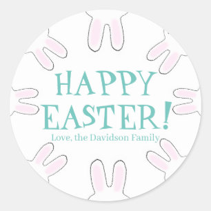Happy Easter teal white custom cute bunnies fun Classic Round Sticker