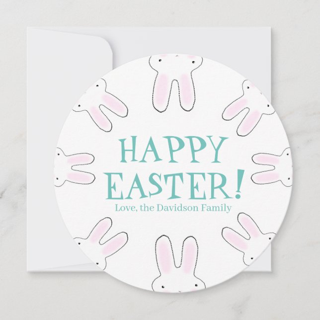 Happy Easter teal white custom cute bunnies fun Holiday Card (Front)