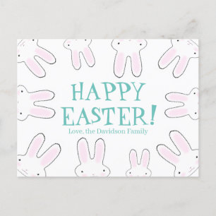 Happy Easter teal white custom cute bunnies fun Holiday Postcard