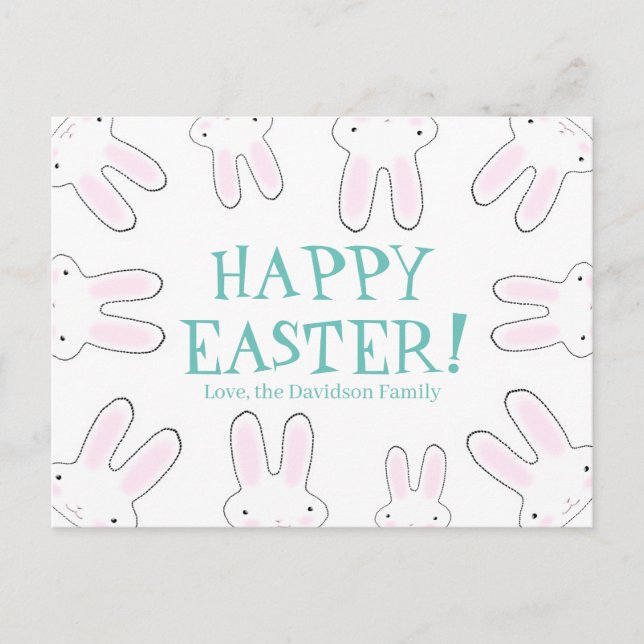 Happy Easter teal white custom cute bunnies fun Holiday Postcard (Front)