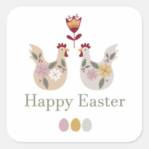 Happy Easter templates with eggs, flowers, chicken Square Sticker
