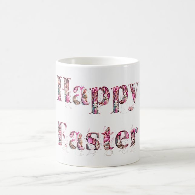 Happy Easter Text Bunnies Easter Eggs Coffee Mug (Center)