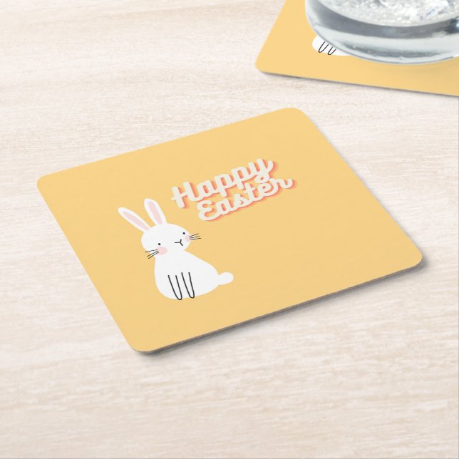 Happy Easter text with bunny orange Square Paper Coaster (Angled)