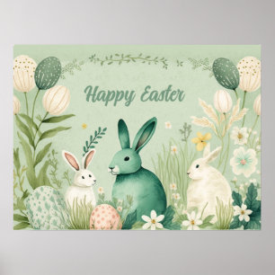 Happy Easter Three Bunnies in a Sage Green Garden Poster