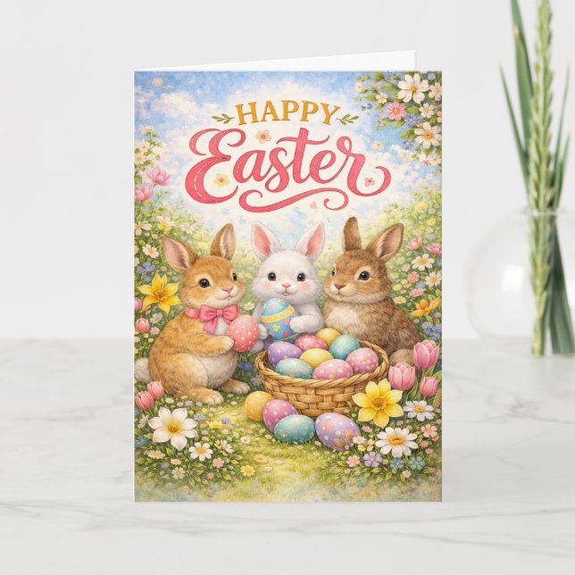 Happy Easter Three Bunny Garden Holiday Card (Front)