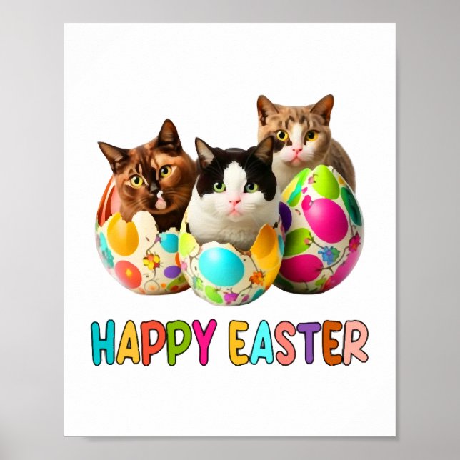 Happy Easter Three Cat Colourful Easter Eggs Kitty Poster (Front)