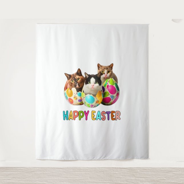 Happy Easter Three Cat Colourful Easter Eggs Kitty Tapestry (Front)