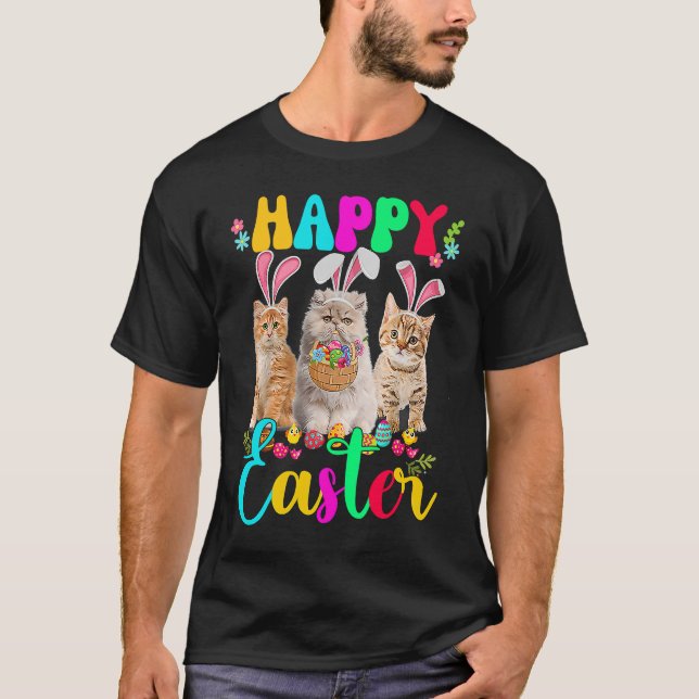 Happy Easter Three Cat Wearing Bunny Ear Bunny Cat T-Shirt (Front)