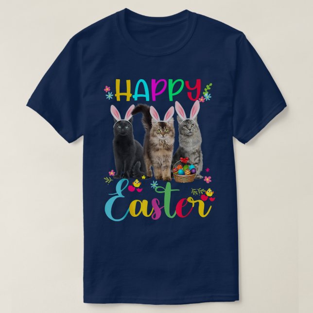 Happy Easter Three Cat Wearing Bunny Ears Basket K T-Shirt (Design Front)