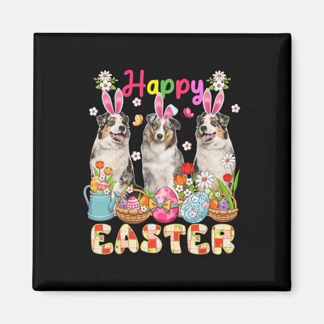 Happy Easter Three Cute Bunny Australian Shepherds Magnet (Front)