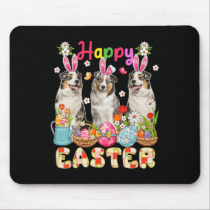 Happy Easter Three Cute Bunny Australian Shepherds Mouse Mat