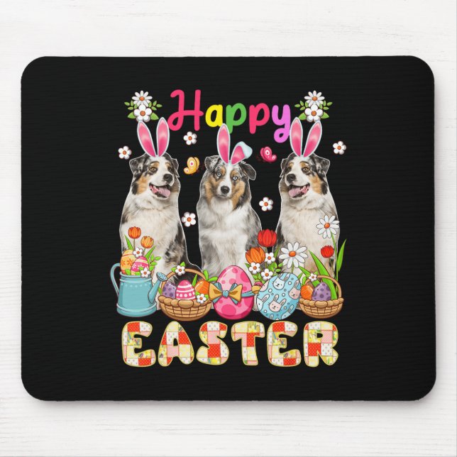 Happy Easter Three Cute Bunny Australian Shepherds Mouse Mat (Front)