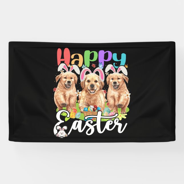 Happy Easter Three Golden Retriever Wearing Bunny Banner (Horizontal)