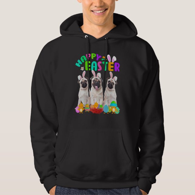 Happy Easter Three Pug Wearing Bunny Ear Pug Hoodie (Front)