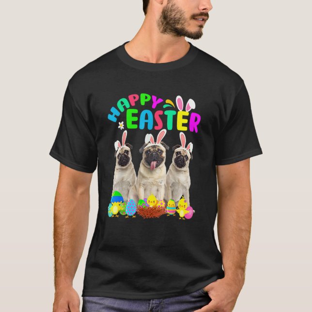 Happy Easter Three Pug Wearing Bunny Ear Pug T-Shirt (Front)
