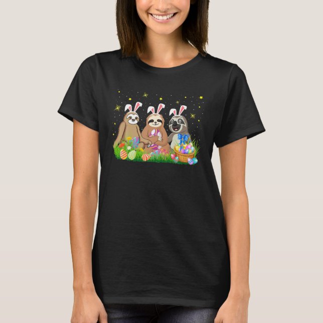 Happy Easter Three Sloth Wearing Bunny Ear Sloth T-Shirt (Front)