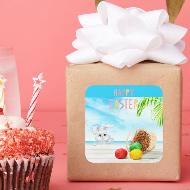 Happy Easter Tropical Ocean Beach Coastal Holiday  Square Sticker (Party)