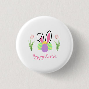 Happy Easter Tulip Flowers Bunny Ears and Eggs 3 Cm Round Badge