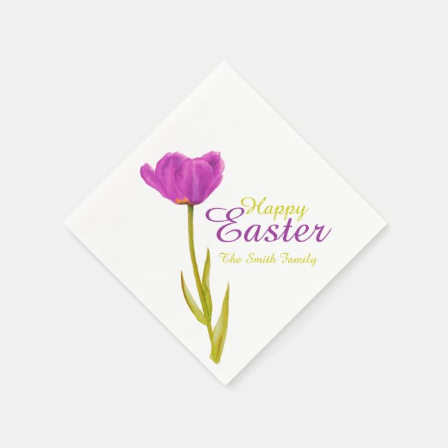 Happy Easter tulip purple spring name paper napkin (Corner)
