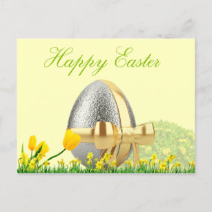 Happy Easter, tulips daffodil and gift egg Postcard