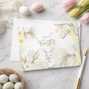 Happy Easter Tulips, Daffodils and Easter Bunny Holiday Card