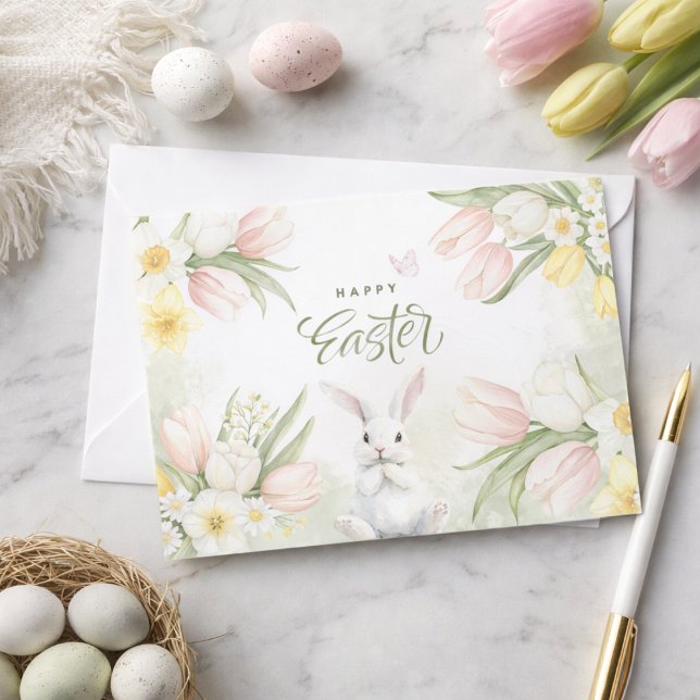 Happy Easter Tulips, Daffodils and Easter Bunny Holiday Card (Creator Uploaded)