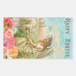 Happy Easter Typography Vintage Angel Lamb Rectangular Sticker
