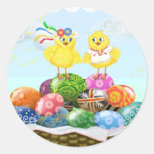 Happy Easter Ukrainian chickens Classic Round Sticker