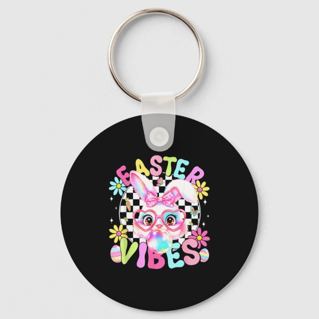 Happy Easter Vibes Cute Bunny Rabbit Bubble Gum Fa Key Ring (Front)