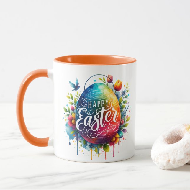 Happy Easter: Vibrant Watercolor Easter Egg Mug (With Donut)