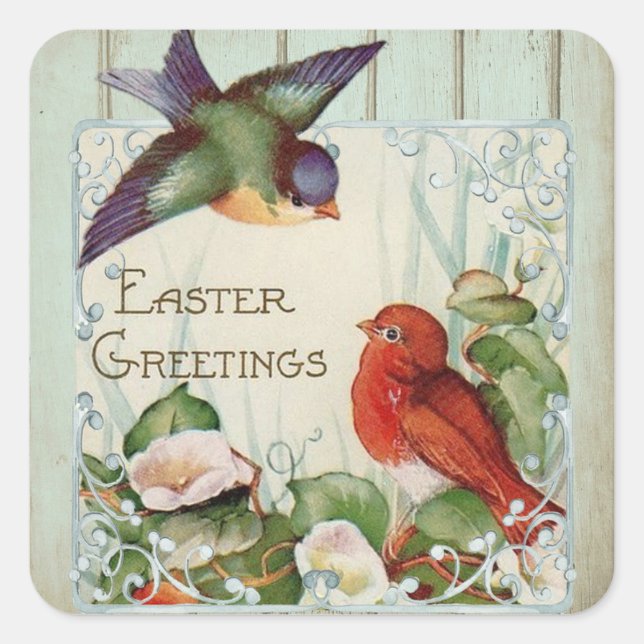 Happy Easter Vintage Birds Square Sticker (Front)
