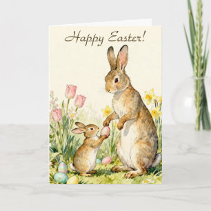 Happy Easter Vintage Bunnies with Painted Eggs Card
