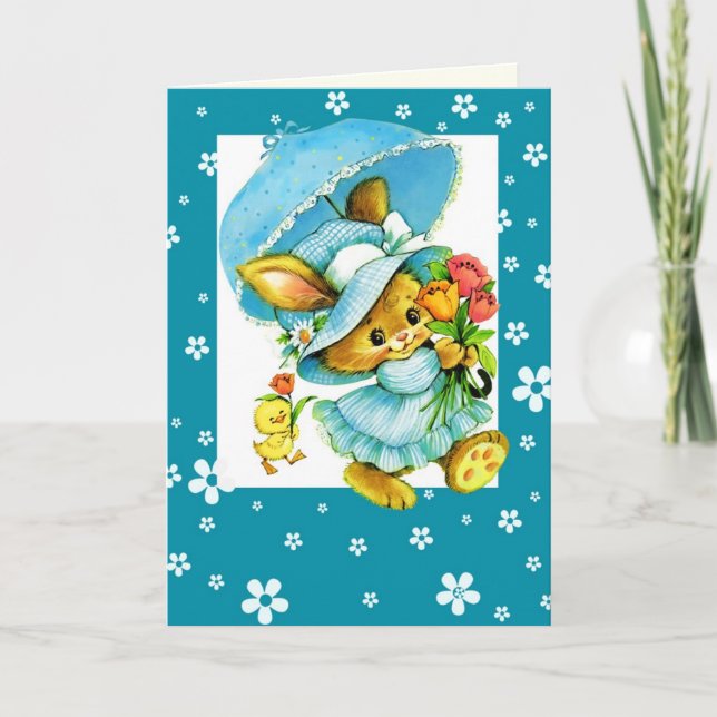 Happy Easter. Vintage Bunny and Chick  Holiday Card (Front)