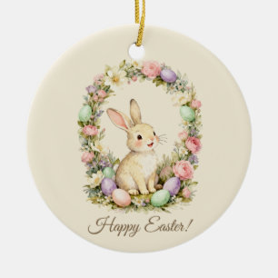 Happy Easter Vintage Bunny Floral Wreath Ceramic Tree Decoration