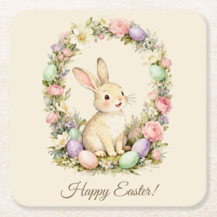 Happy Easter Vintage Bunny Floral Wreath Square Paper Coaster