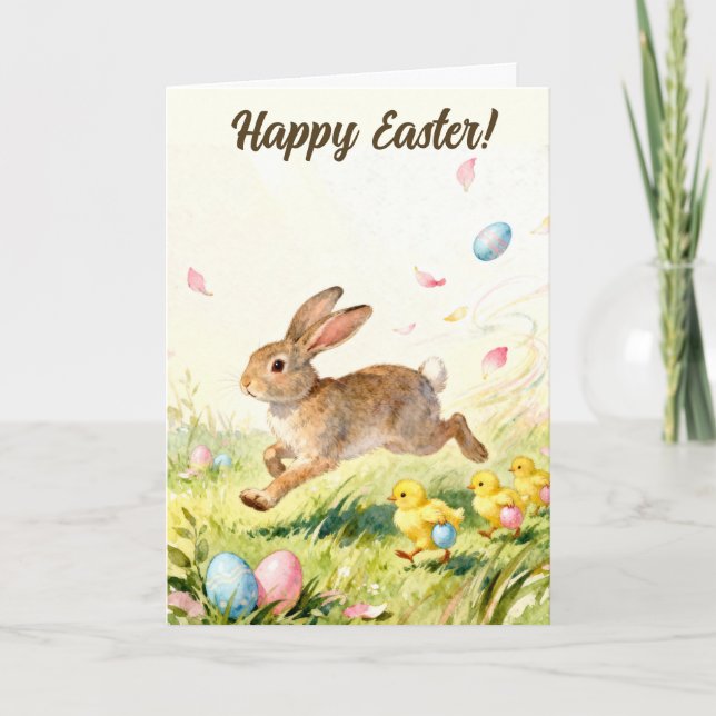 Happy Easter Vintage Bunny Spring Illustration Card (Front)