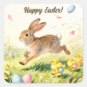 Happy Easter Vintage Bunny Spring Illustration Square Sticker