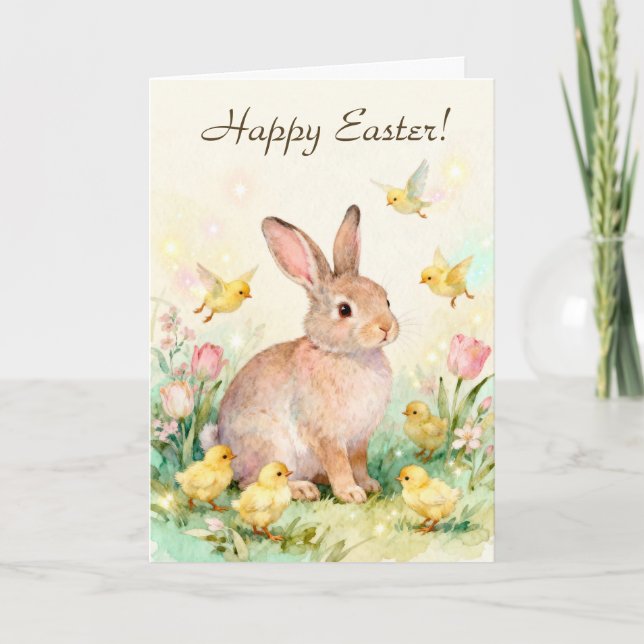Happy Easter Vintage Bunny with Chicks Card (Front)